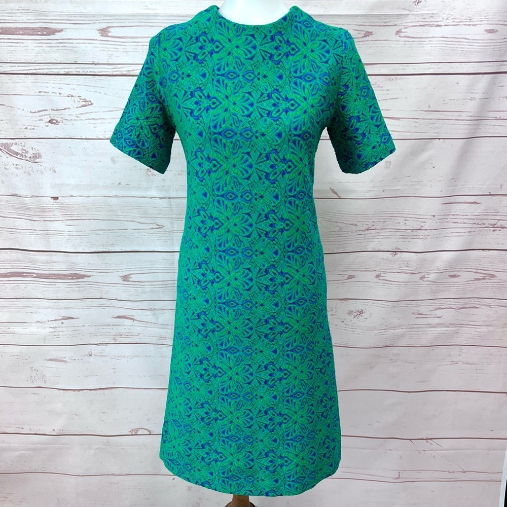 Vintage Mid Century Mod MCM Teal Blue Green Baroque Floral Tapestry Shif…